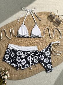 Swim Mod Bộ bikini nữ 3 món 26SS Xuân/Hè mới, họa tiết in hai màu, cổ chữ V, hở lưng, áo tam giác buộc dây và quần hipster, phong cách ngọt ngào cho kỳ nghỉ bãi biển - Đen và trắng - Xem 5
