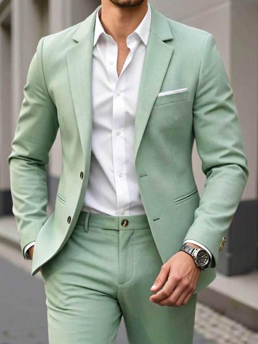 Manfinity Mode Men's Sage Green Summer Suit Set,Solid Color Casual Business Pocket Design,Suitable For Wedding,Daily Commute,Semi-Formal Occasions,Gift For Husband, Ceremony - Green - View 1