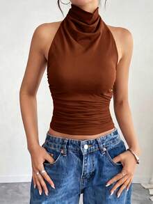 Rina Fox Summer Sexy Solid Color Backless Halter Top - Brown - View 4