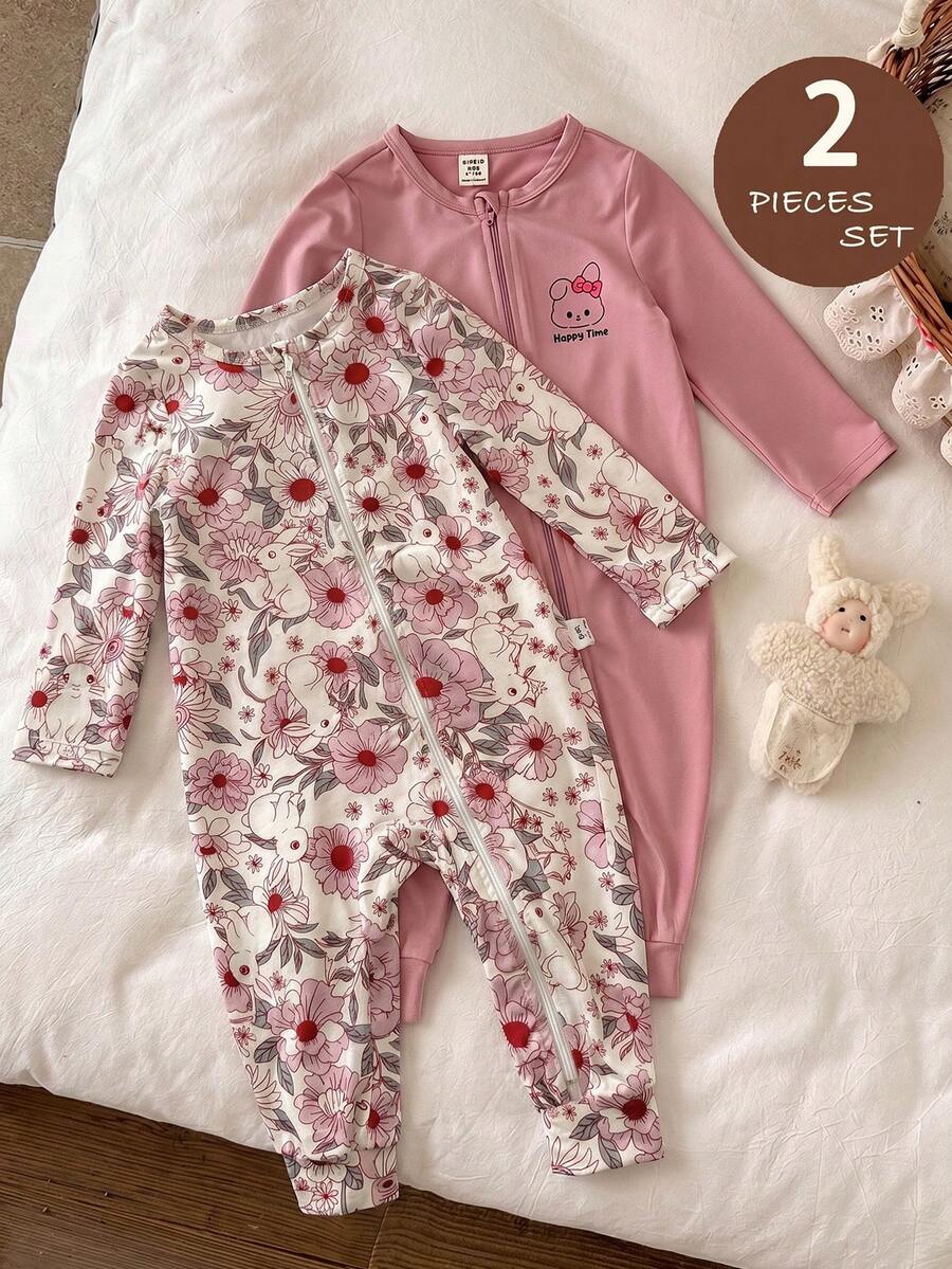 LMoss Kids Baby Girl Knitted Cute Animal Pattern Casual Romper 2 Pieces Set - Dusty Pink - View 1