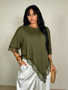 Rustia Plus Size Summer Casual Lace Patchwork Asymmetric Hem T-Shirt - Army Green - View 1