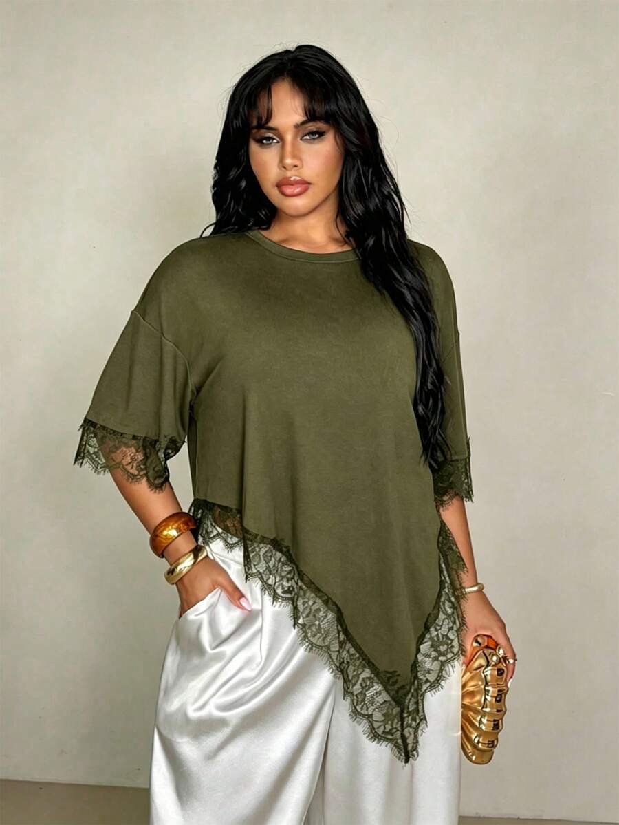 Rustia Plus Size Summer Casual Lace Patchwork Asymmetric Hem T-Shirt - Army Green - View 1
