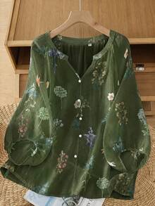 Linhara Vintage V-Neck Lantern Sleeve Loose Casual Plus Size Women Blouse - Olive Green - View 1