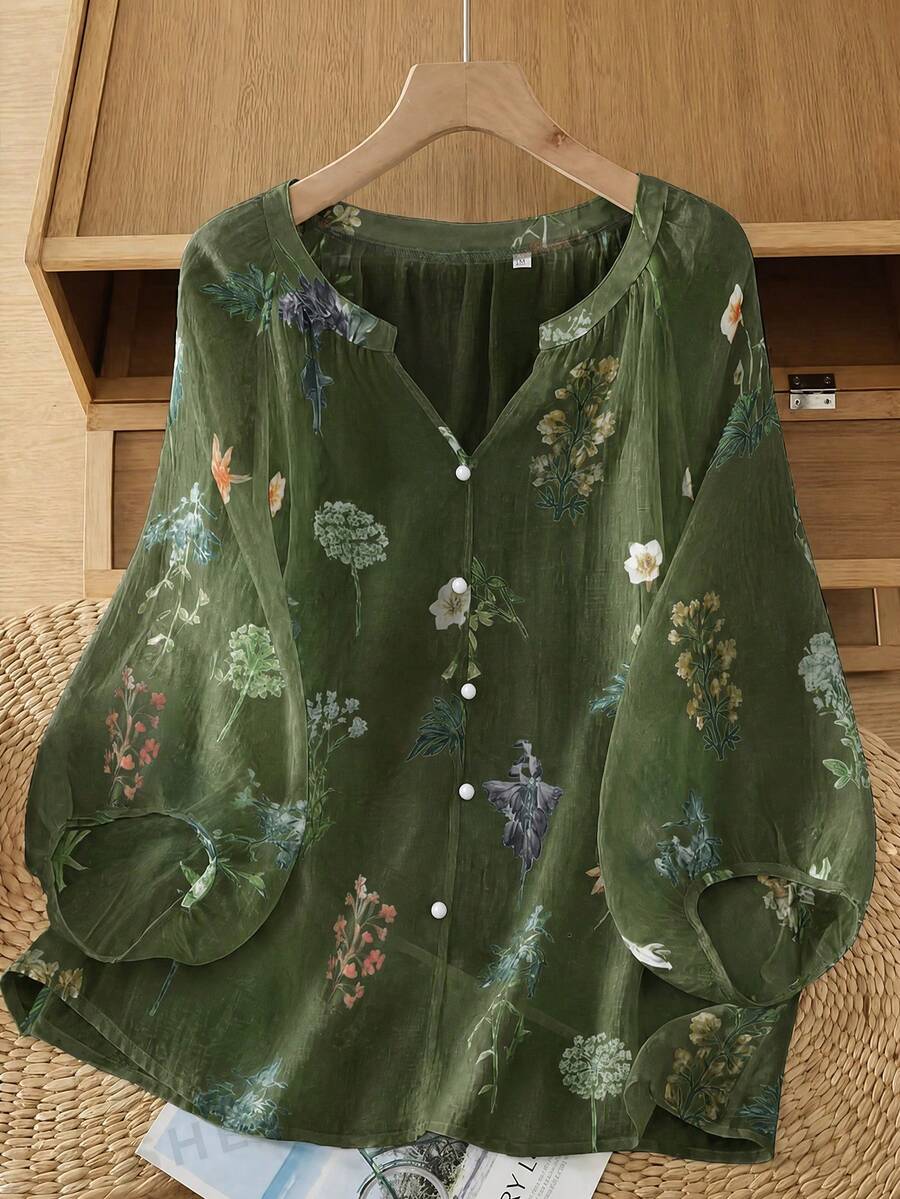 Linhara Vintage V-Neck Lantern Sleeve Loose Casual Plus Size Women Blouse - Olive Green - View 1