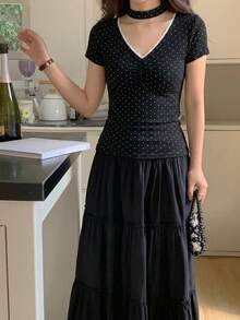 DAZY 女款圓領波點領結短袖T恤 夏季 - 黑色 - 查看 3