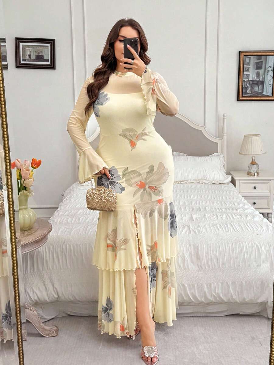 Modelyn Abito lungo da donna taglie forti in rete con maniche lunghe, stampa, aderente, elegante e casual per il pendolarismo - Giallo chiaro - Visualizzare 1