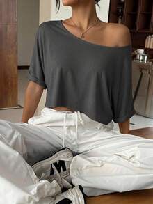 SHEIN EZwear 純棉舒適性感露肩休閒深灰色針織女款寬鬆單肩大領口T恤，時尚 - 深灰色 - 查看 7