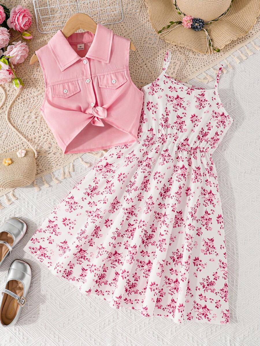SHEIN 2件組 青少女冰絲牛仔背心 & 彩色花卉印花細肩帶洋裝套裝,春季/夏季 - 彩色 - 查看 1
