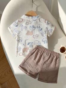 SHEIN Vintaside Kids Infant Toddler Baby Boys Summer Cute Animal 2-Piece Set, Collared Short Sleeve Button-Up Shirt With Cute Cartoon Animal Print And Elastic Waist Shorts, Baby Boy Shirt Set, Baby Summer Set, Baby Boy Cute Animal Set, Baby Clothing, Baby Boy Summer Shirt And Shorts 2-Piece Set - Khaki - View 3