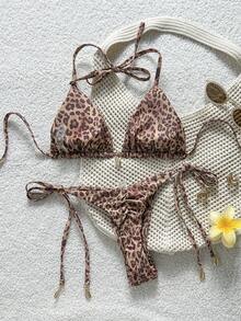 Swim Vcay 女款夏季海灘豹紋掛脖綁帶性感比基尼三角泳褲兩件式泳衣套裝 - 彩色 - 查看 2