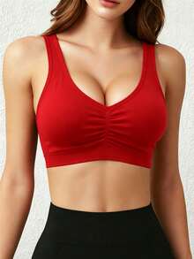 SHEIN Core Rhythm قطعة واحدة توب رياضي بدون خياطة بتصميم بسيط ومطوي، مناسب لليوغا، توب رياضي خارجي عصري للنساء - الأحمر - مشاهدة 1