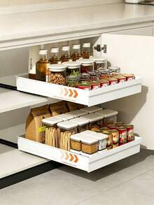 1pc Easily Sliding Steel Cabinet Storage Drawer - Expandable, Nano Adhesive Fixation, Space Saving, Adjustable, Durable, Easy Installation, Suitable For Kitchen And Living Room Food Storage Rack (With Sliding Rails), White - White - View 2