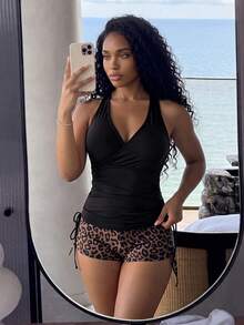 Vaytide 2pcs Vacation Beachwear Set - Solid Color Halter Neck Top & Leopard Print Shorts, Tankini Set Summer - Multicolor - View 1