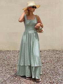 Livesso Women's Solid Color Pleated Casual Boho Party Vacation Midi Dress Sundress Sage Green Summer - Gray Blue - View 3
