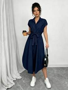 SHEIN Raffinéa Gaun Elegan Tanpa Lengan dengan Belahan dan Pita Warna Polos untuk Wanita - Royal Blue - View 7