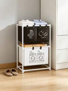 1 pieza Estantería de almacenamiento multifuncional de doble capa a prueba de polvo para balcón, ropa sucia del hogar, cesta de ropa sucia, estantería de almacenamiento de baño, cesta de lavandería, cesta de almacenamiento - Blanco y Negro - Ver 4