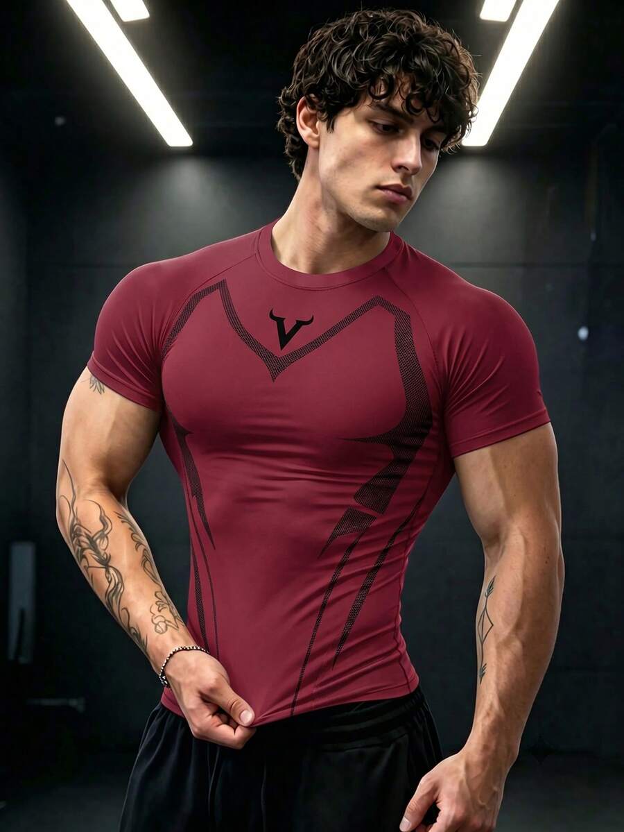 GymBeat 男士牛頭印花插肩袖短袖運動T恤,健身房穿著 - 彩色 - 查看 1