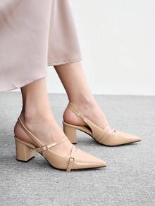 CUCCOO BIZCHIC Sandal Kulit Paten Nude Prancis dengan Bagian Belakang Lancip, Gesper Ganda, Hak Tebal, Sepatu Hak Tinggi untuk Komuter - Berwarna merah muda - View 2