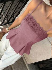 Siren Gaze 女款夏季海灘度假風素色拼接刺繡網眼貼身百褶下擺細肩帶背心上衣 - 藕粉色 - 查看 6