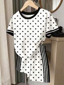 SHEIN LMoss Kids 少女休閒時尚圓領短袖波點T恤與休閒短褲兩件套，適合夏季、休閒放鬆、返鄉 - 彩色 - 查看 4