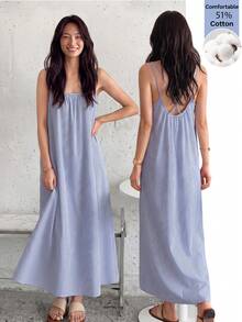 SHEIN LUNE Women Blue And White Stripe Loose Casual Coastal Minimalist Spaghetti Strap Mid-Length Dress Brunch Vacation Summer Cotton Material Beach - Blue and White - View 8
