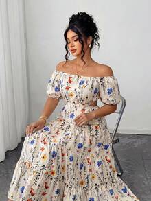 Elenzga Boho Plus Size Long Dress Apricot Random Print Off Shoulder A Line Flared Hem Shirred Puff Sleeve For Women - Apricot - View 6