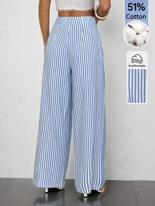 PETITE Pantalones de pierna ancha de textura de cintura alta, de estilo casual y sencillo, apropiados para ir a la escuela o para ir y venir al trabajo - Azul - Ver 2