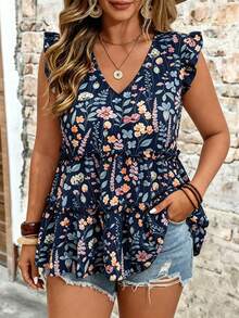EMERY ROSE Plus Size Woven Floral V-Neck Flutter Sleeve Ruffle Patchwork Elegant Vacation Outing Daily Spring Summer Blouse - Navy Blue - View 1