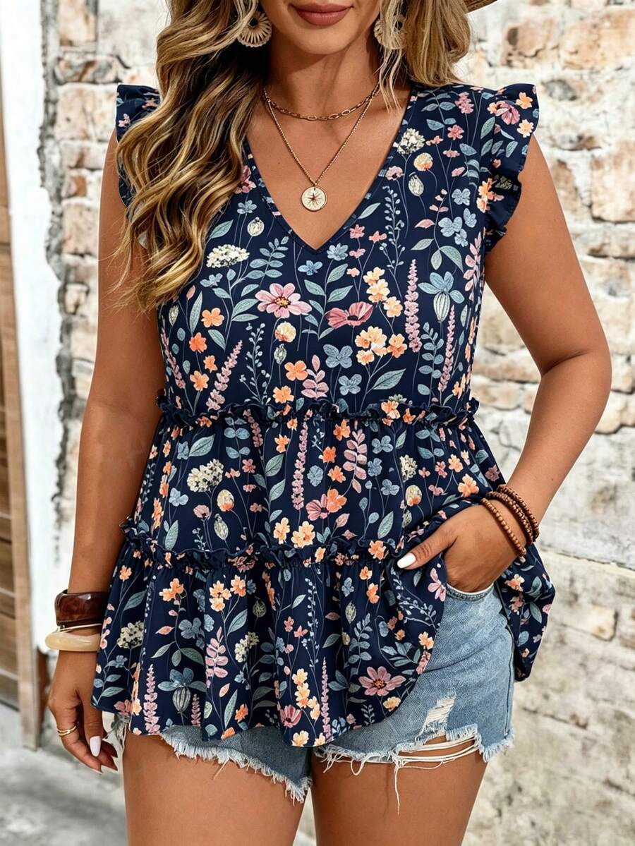 EMERY ROSE Plus Size Woven Floral V-Neck Flutter Sleeve Ruffle Patchwork Elegant Vacation Outing Daily Spring Summer Blouse - Navy Blue - View 1