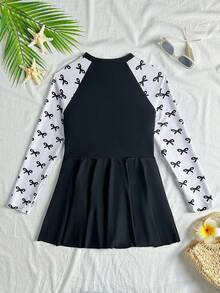SHEIN 青少年女孩連身褲裙，半拉鍊設計與蝴蝶結印花，適合夏季度假、海灘、海邊、泳池、游泳 - 黑色 - 查看 2