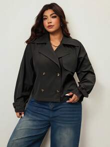 Enliva Plus Size Women Fashion Casual Loose Comfortable Daily Simple Versatile Classic Short Windbreaker Trench Coat, Simple Style Coat Spring, For Apple And Rounded Body Shape - Black - View 7