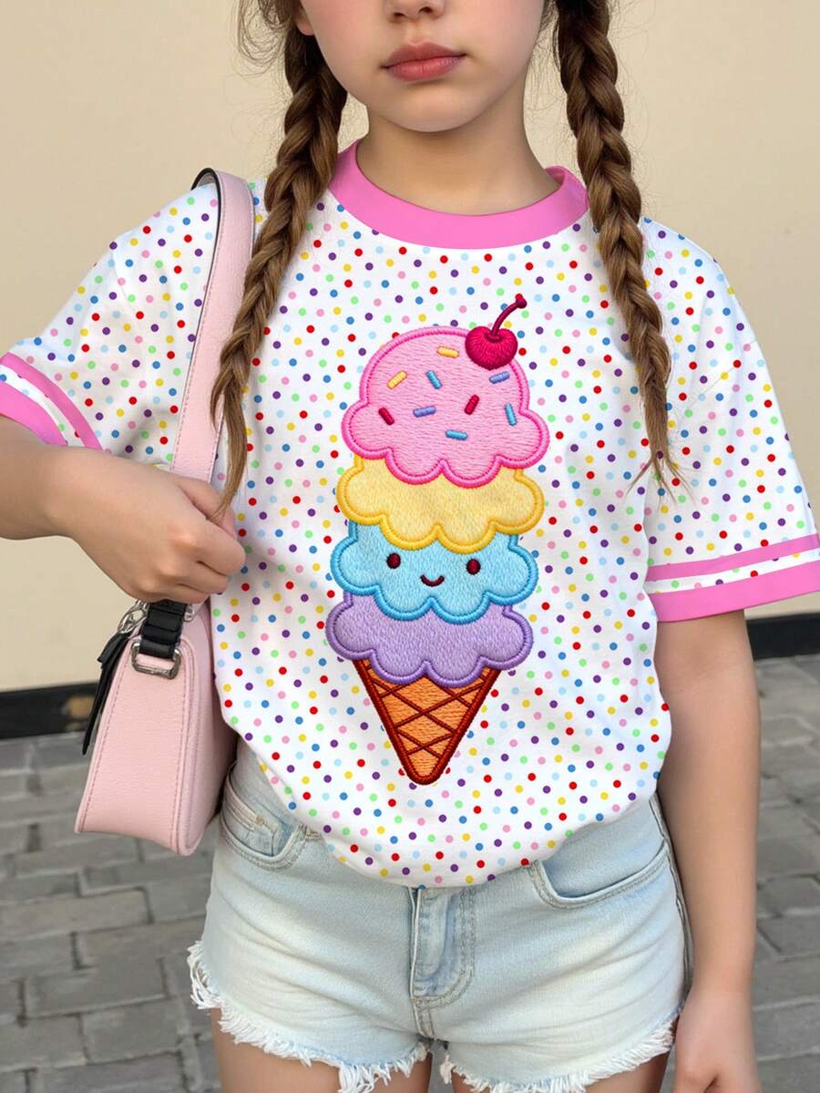 青少年女孩休閒簡約可愛夏季冰淇淋圖案、彩色圓點印花、甜美奶油風、度假風、短袖圓領T恤適合夏季圖案T恤、舒適、上衣、Y2k、卡哇伊、可愛 - 彩色 - 查看 1