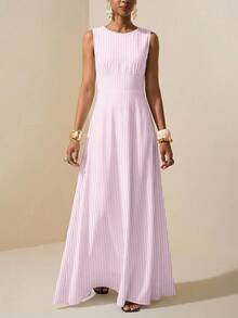 Zivah Casual Minimalist Style Pink Fine Striped All-Over Print Woven Women's Dress Suitable For Spring/Summer Vacation - Multicolor - View 5