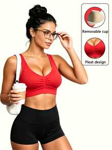 SHEIN Core Rhythm قطعة واحدة توب رياضي بدون خياطة بتصميم بسيط ومطوي، مناسب لليوغا، توب رياضي خارجي عصري للنساء - الأحمر - مشاهدة 3