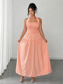 SHEIN Clasi Plus Size Women's Square Neck Pleated Top With Crisscross Back, Open Back, Off-Shoulder, Bow, Ruffle Hem, A-Line Maxi Dress, Elegant Peach Formal Party Bridesmaid Dress, Wedding Guest Dress, Plus Size Friendly, Ruffle Hem, Vacation, Casual, Design-Driven Plus Size Evening Gown, European And American Style, Beach, Women's Elegant Dress, Women's Summer Dress - Coral Pink - View 4