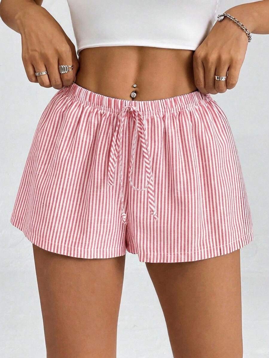 SHEIN PETITE 女款條紋低腰短褲,適合夏季度假海灘,小碼女款 - 藕粉色 - 查看 1
