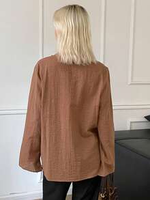 Livesso Women's Spring Autumn Casual Vacation Daily Commute Office Work Minimalist Versatile Solid Color V-Neck Twisted Chest Flared Sleeve Blouse Mocha Brown - Brown - View 2