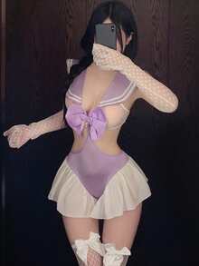 Dansine 性感學院風 Cosplay 連身衣 性感制服誘惑睡衣套裝 - 紫色 - 查看 4