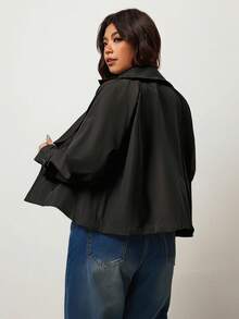 Enliva Plus Size Women Fashion Casual Loose Comfortable Daily Simple Versatile Classic Short Windbreaker Trench Coat, Simple Style Coat Spring, For Apple And Rounded Body Shape - Black - View 3