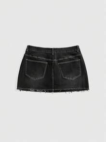 ROMWE Grunge Punk 深色蜘蛛網刺繡多功能高彈性緊身大尺碼牛仔迷你裙（內含內襯短褲） - 黑色 - 查看 4