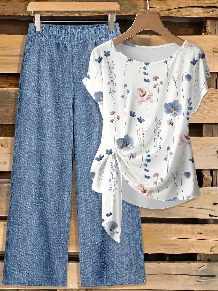 SHEIN Clasi Women's Round Neck Floral Print Top And Pants Casual Everyday 2 Pieces Set - Multicolor - View 1