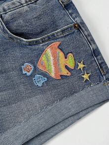 ROMWE Grunge Punk 女款夏季休閒魚與星星刺繡牛仔短褲 - 藍色 - 查看 3