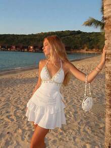 SHEIN MOD Women's Shell And Starfish Trim Halter Neck Mini Dress - White - View 9