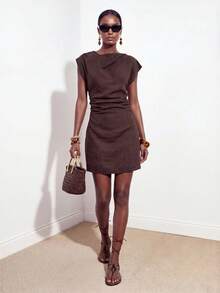 Zivah Women's Solid Color Pleated Vacation Casual Fashion Short Dress - Rust Brown - View 9