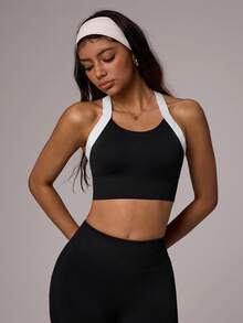 Dewbera Dewbera Women's Contrast Color Patchwork Criss-Cross Strap Sports Bra Adjustable Workout Black And White Gym Summer Athleisure Cross Back Hook & Eye Closure - Black - View 5
