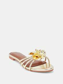 Glitzique Women's Elegant Gold Metal Flower Decor Strap Dress Flat Mules Shoes, Comfortable Round Toe Slip-On Daily And Party Wear,Spring Summer Outfits - Gold - View 5