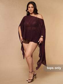 SHEIN BAE CURVE 大尺碼女款半透亮片網格時尚上衣 - 紅木色 - 查看 5