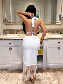 SHEIN SXY 夏季海灘度假流蘇掛脖洋裝 - 白色 - 查看 3