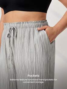 LUVLETTE Große Größen Sommer Natürlich Gemütlich Graue Weite Hose - Strukturierter Stoff & Kordelzug Taille Frische Leichte Lounge Hose Lässige Weite Beine - Grau - Übersicht 4