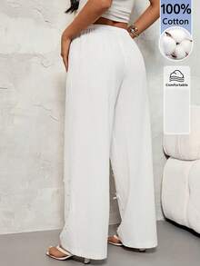 SHEIN PETITE Women's Casual Solid Color Beaded Bow Decor Pants ,Petite Women - White - View 2